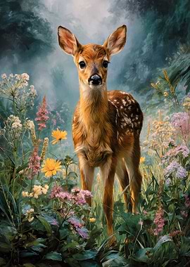 Fawn in a Floral Meadow