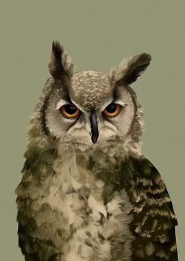 Detailed Owl Portrait on Green Background