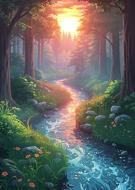 Forest Stream at Sunset