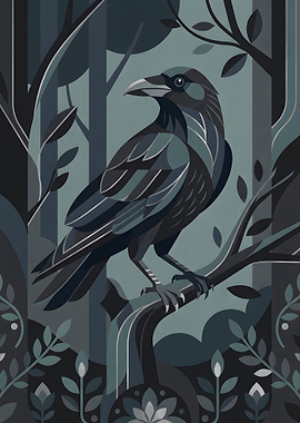 Stylized Raven in Forest Illustration