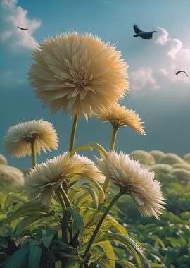 Dahlia Field with Birds in Flight