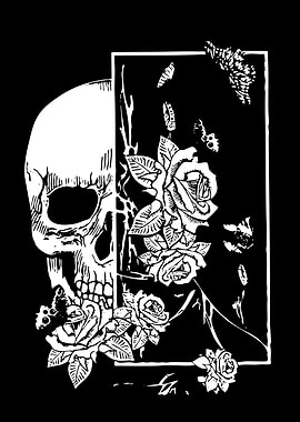 Skull, Roses, and Butterfly Black and White