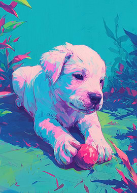 Puppy with Ball, Colorful Art