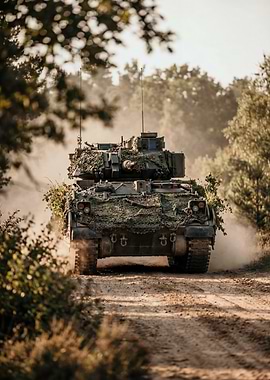 Camouflaged Tank on a Dirt Road