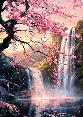 Cherry Blossoms and Waterfall Landscape