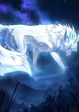 Glowing White Wolf in Night Landscape