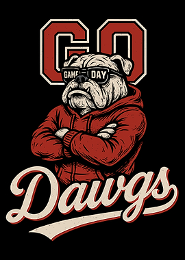 Game Day Dawgs Poster, Bulldog Sports Fan Art, Red Hoodie Football Wall Print