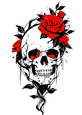 Skull with Red Roses Illustration