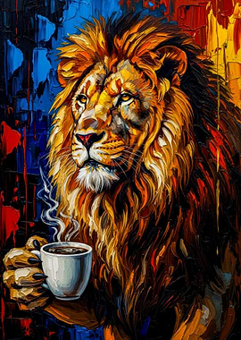 Lion with Coffee Cup Painting