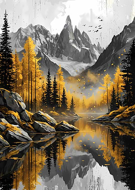 Mountain Lake Reflection with Golden Trees