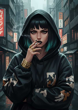 Cyberpunk Girl Smoking in Cityscape