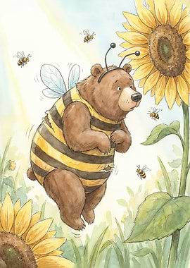 Bear Dressed as Bee with Sunflowers