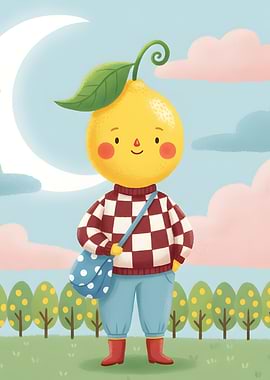 Lemon Character Illustration with Moon