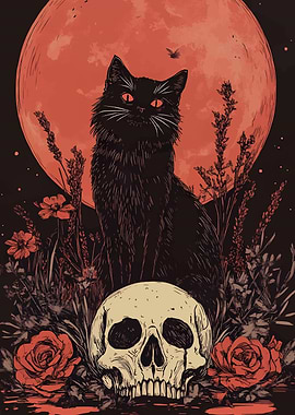 Black Cat, Skull, and Blood Moon