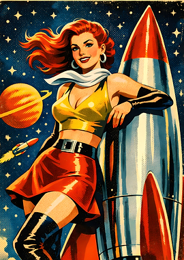 Retro Space Girl with Rocket 1950