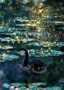 Black Cat in Lily Pond Painting