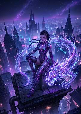 Cyberpunk Woman with Dragon in Cityscape