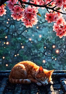 Sleeping Cat Under Cherry Blossoms