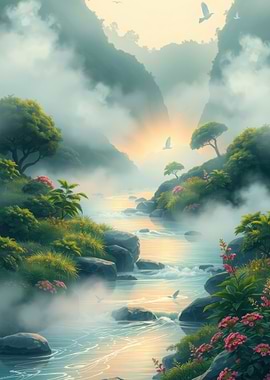 Misty River Landscape with Birds