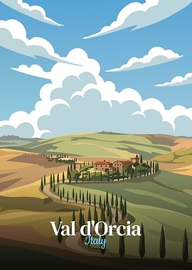 Val d'Orcia, Italy Landscape Illustration