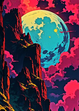 Surreal Mountain Landscape with Moon