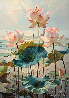 Lotus Flowers in Water Painting