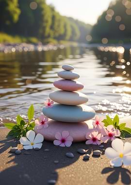 Zen Stone Stack with Flowers