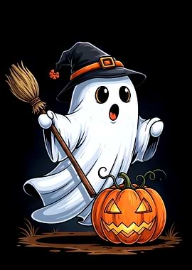Cartoon Ghost with Pumpkin and Broom