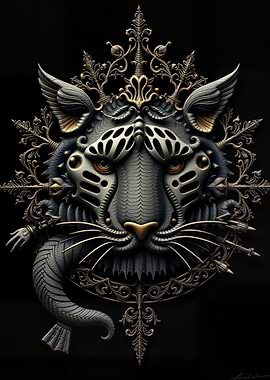 Ornate Mechanical Tiger Head on Black