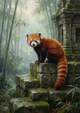 Red Panda on Ancient Stone Structure