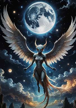 Winged Alien Creature Under Moonlight