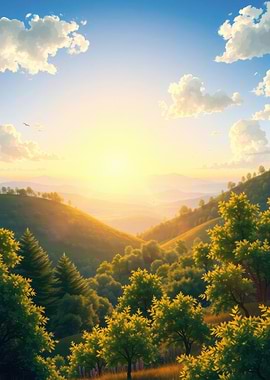 Golden Sunrise Over Rolling Hills