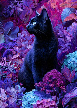 Black Cat in Floral Fantasy