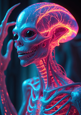 Neon Alien Anatomy — Glowing Translucent Skeleton 3D Illustration