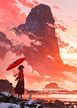 Anime Girl with Umbrella by the Sea