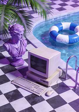 Vaporwave Poolside Computer Setup