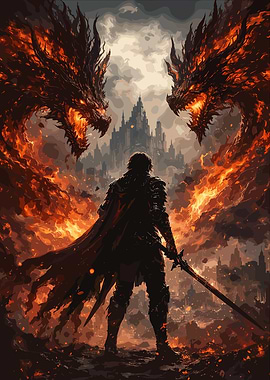 Warrior Facing Fiery Dragons and Castle
