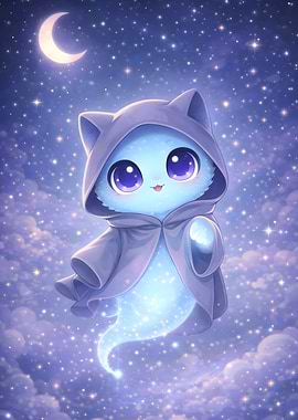 Cute Ghost in Starry Night Sky