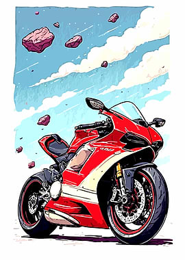 Red Motorcycle with Floating Rocks