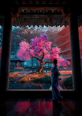 Spring Japan Garden with Sakura Tree