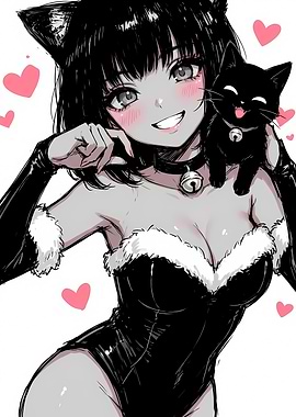 Anime Girl with Cat Ears and Kitten