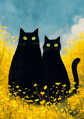 Two Black Cats in Yellow Flowers
