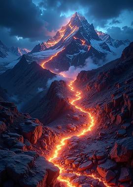 Lava River Through Snowy Mountains
