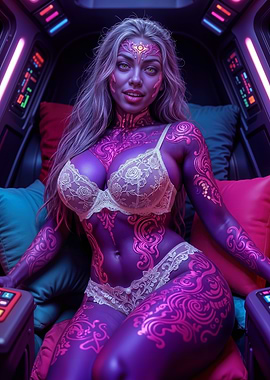 Purple Alien Woman in Spaceship Interior