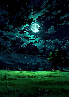 Night Landscape with Moon and Field