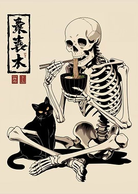 Midnight Ramen with a Skeleton and Black Cat