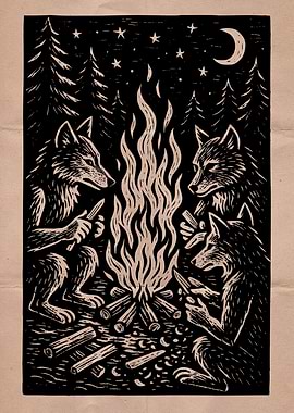 Wolves around campfire woodcut illustration