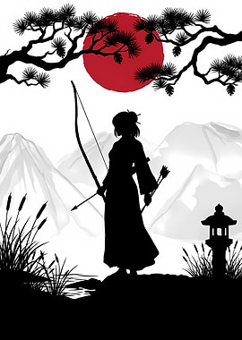 Silhouette Archer with Japanese Landscape