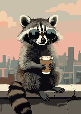 Cool Raccoon with Coffee in City Art