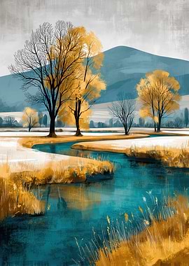 Autumn River Landscape Painting